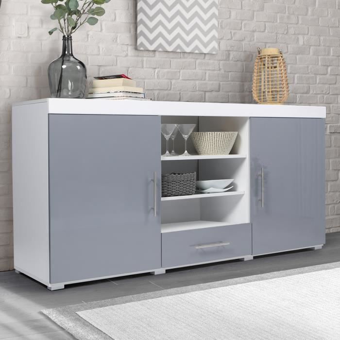Buffet bas contemporain PORTLAND laqué blanc et gris