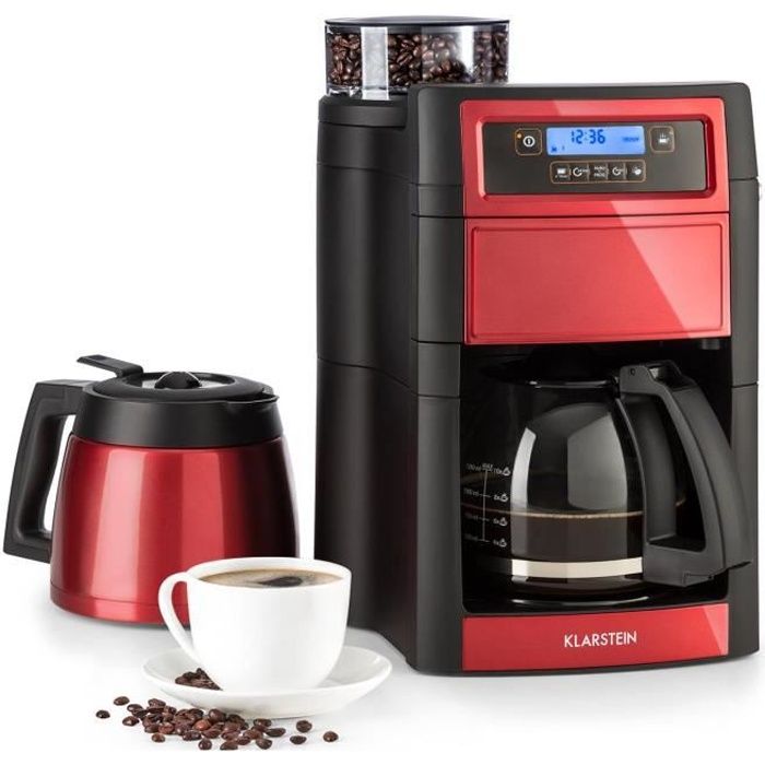 Klarstein Aromatica II Duo Cafetière 10 tasses avec broyeur intégré + 2 verseuses verre & thermos - 1,25L - rouge