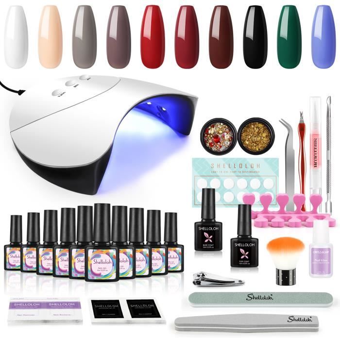 36W UV/LED Lampe à Ongle Kit 10pc 10ml Vernis Gel Semi Permanent Top Coat Base Coat Soak Off Gel Polish Strass Outils Kit Manucure