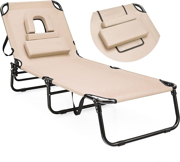 Chaise Longue De Jardin Pliante Réglable 5 Positions - Support 150 Kg - Avec Trou Visage Et Appui-tête Amovible - Transport Facile - Couleur Bleue