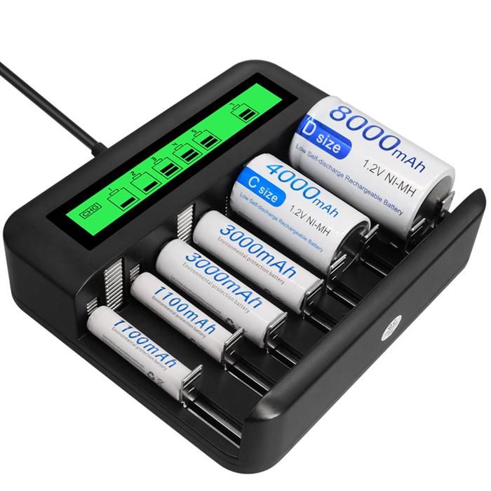 Chargeur de Piles Universel 8 Slots, avec 8 Piles Rechargeables AAA