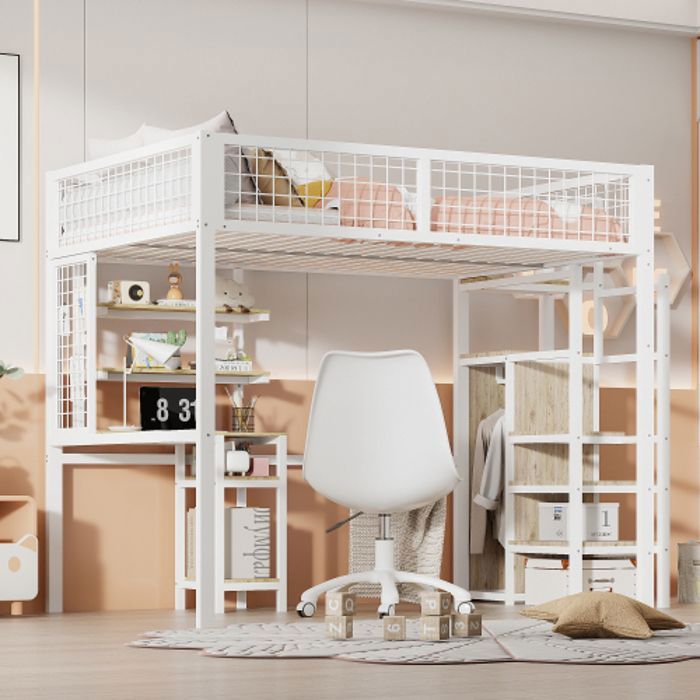 Lit Mezzanine Enfant 140x200 Avec Bureau - Étagères, Escalier Sécurisé, Design Moderne