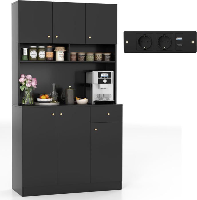 COSTWAY Buffet de Cuisine 100 x 40 x 181 CM avec Prises Ports USB Étagères Réglables à 3 Positions et Kits Anti-Basculement Noir