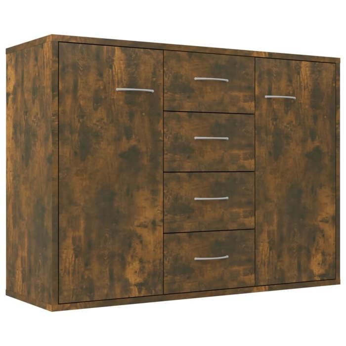 Buffet bahut commode - Bois dingénierie - 88 x 30 x 65 cm - 4 tiroirs - 2 portes - Chêne fumé Buffet bahut commode - Bois dingénierie - 88 x 30 x 65 cm - 4 tiroirs - 2 portes - Chêne fumé