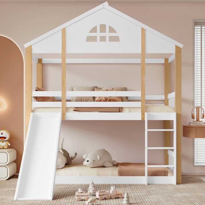 Lit superposé avec fenêtres caractéristiques et échelle coulissante à trois marches lit enfant avec toboggan lit maison avec