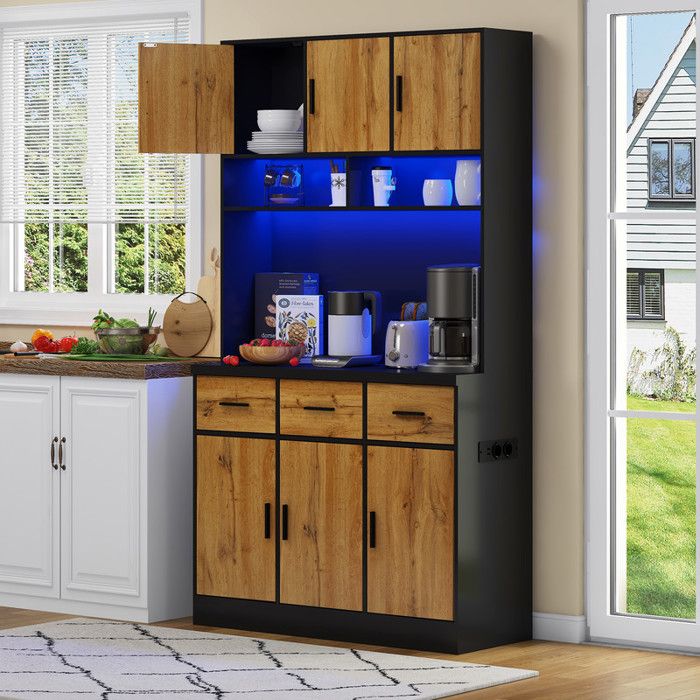 Buffet haut 100x40x180 cm avec éclairage LED et télécommande Buffet de cuisine avec tiroirs et prises électriques Noir + Naturel