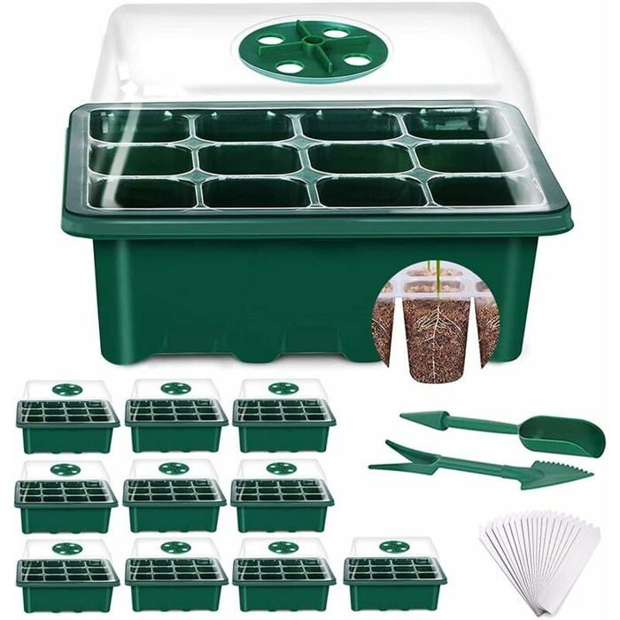 MIXC Mini Serre pour Plantes,Lot de 10 Bac à Semis,120 Cellules Intérieure Plateau Semis, Serre pour Semis avec Couvercle et Ventilation Durables, Pépinière Boîte de Culture, Vert