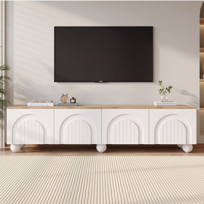 Meuble TV avec 4 portes - Meuble TV moderne 180x40x45 cm - 6 pieds métal sphériques - Buffet bas - Pour 80 pouces TV - Blanc+Bois