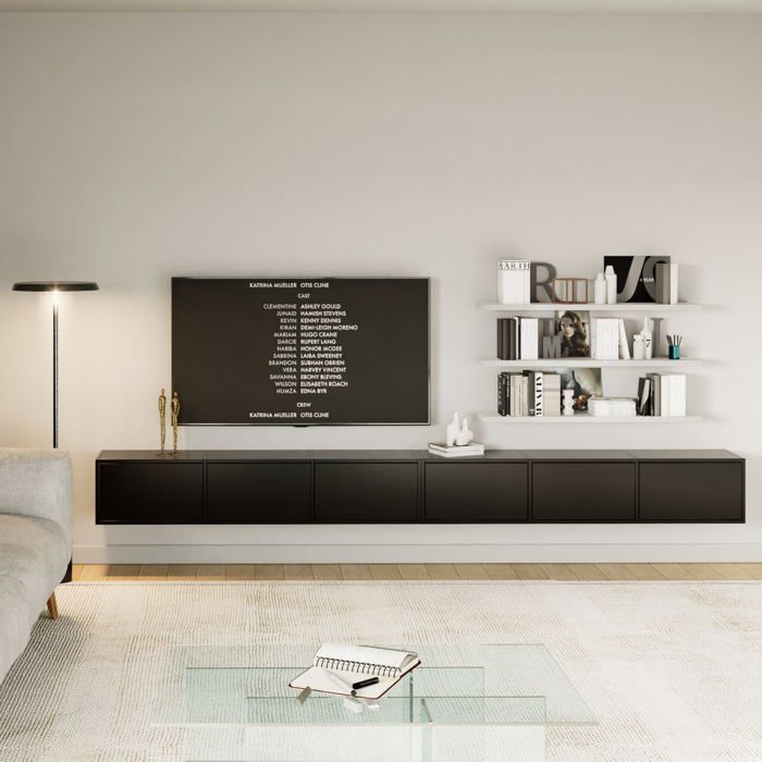 Meuble TV mural à 6 abattants – FRAMME – 300 cm – noir