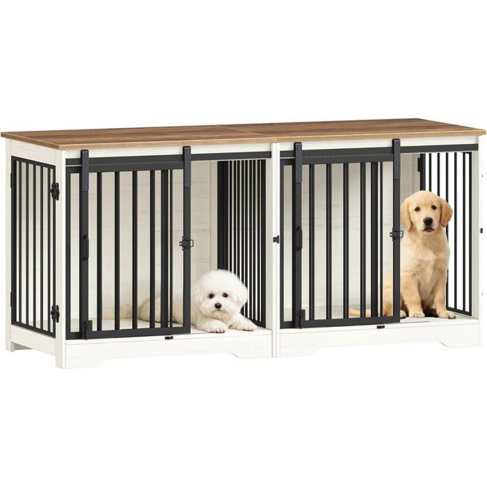 Meuble pour Cage de 2 ChiensCage Double avec SéparateurPorte Coulissantepour Chiens de Petite et Moyenne Taille Blanc et Marron