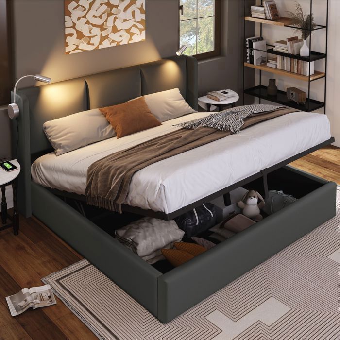 Lit coffre hydraulique 140 x 200 cm matelas rembourré avec sommier à lattes lampe de lecture de chevet port USB lit enfant gris