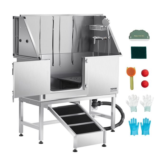 Baignoire de Chien Acier Inoxydable-VEVOR-Baignoire de Toilettage pour Animaux de Compagnie 127 cm-avec Rampe-Porte Gauche