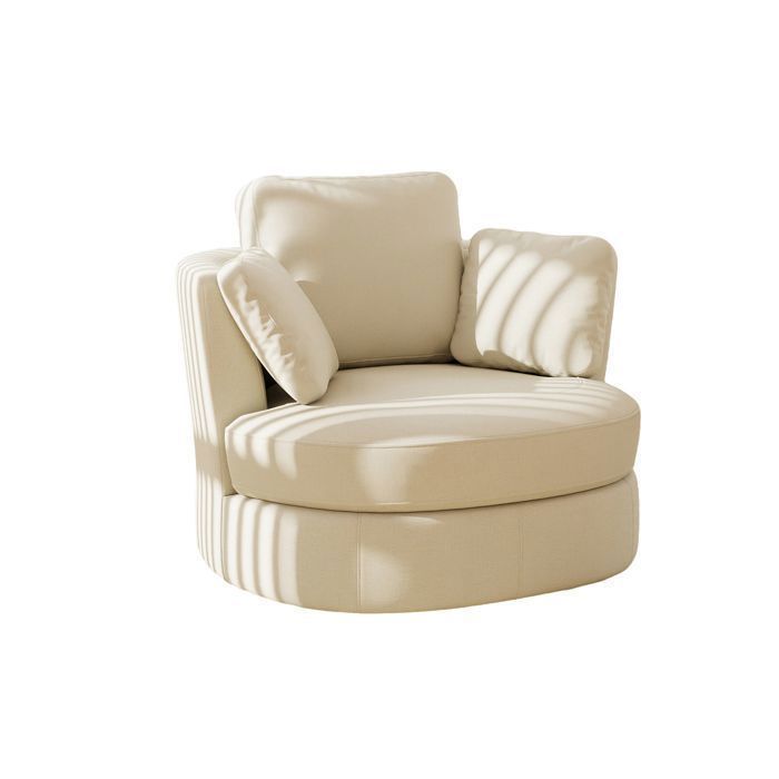 Fauteuil Pivotant Cylindrique en Chenille Beige - Fauteuil de Salon avec Base en Métal et Structure Bois - 103x90.5x86cm