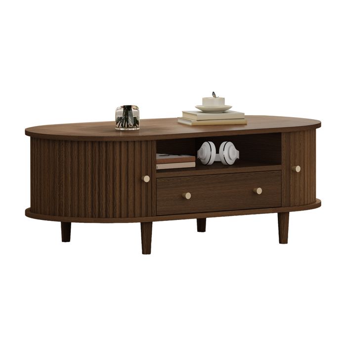 Table basse de salon - 100x50x36 cm - Noyer - 1 tiroir - Porte coulissante - Espace de rangement ouvert