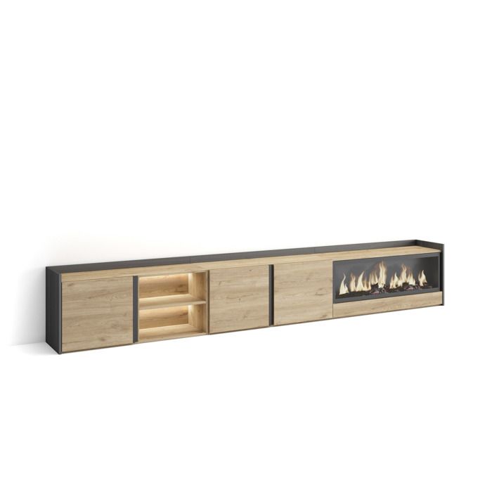Meuble TV -Avec cheminée électrique XXL à droite - 315x35x50cm - Pour les TV jusquà 80 LED Chêne et noir RF4726