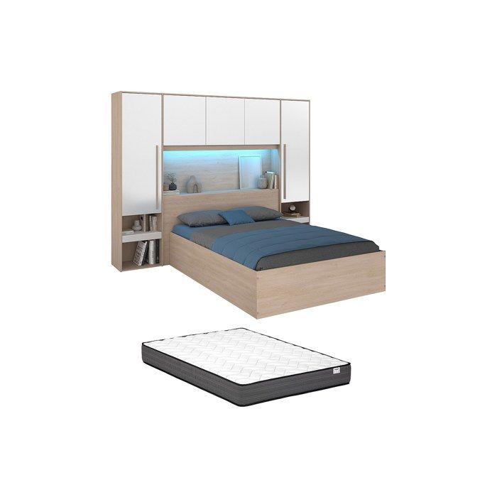 Lit coffre 140 x 190 cm avec pont de lit - Avec LEDs - Blanc brillant et naturel + Matelas - VELONA