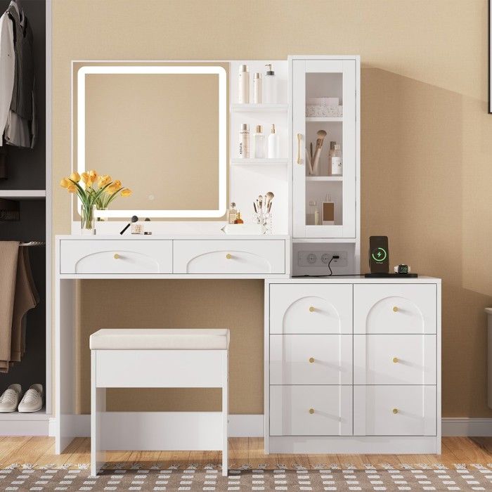 Coiffeuse Moderne Blanche avec Miroir LED Prise Électrique 8 Tiroirs Espace Rangement Chambre 131 5x40x140cm Avec Tabouret Coiffeuse Moderne Blanche avec Miroir LED Prise Électrique 8 Tiroirs Espace Rangement Chambre 131 5x40x140cm Avec Tabouret
