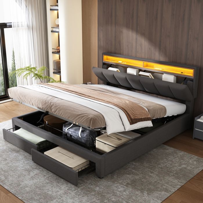 Lit coffre 180 x 200 cm avec LEDSORVAGLOSLit adulte capitonné avec tête de lit rangement sommier à latteshydrauliquegris lin