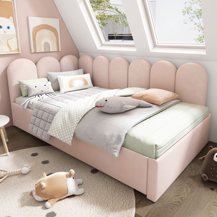 Lit enfant 90x200 cm avec Lit Gigogne 90x190 cm Velours Rose Sommier Inclus Banquette Rembourrée