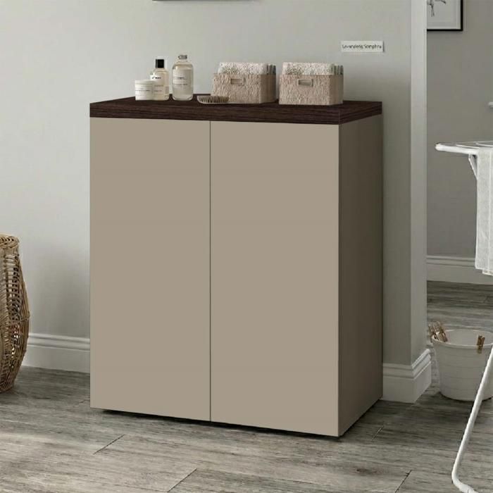 Meuble Bas de Buanderie Bicolore Taupe Mat et Orme Café H91x71 cm - Avec Étagère Meuble Bas de Buanderie Bicolore Taupe Mat et Orme Café H91x71 cm - Avec Étagère
