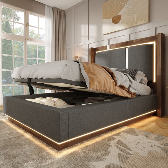 WOVREO lit coffre 90x200 cm avec LED sommier à lattes ouverture hydraulique tissu gris et aspect noyer