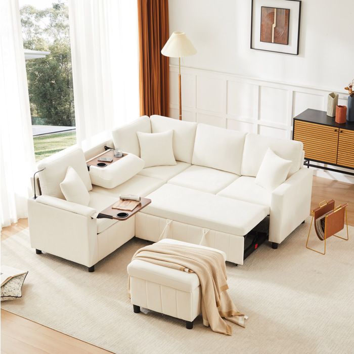 WOVREO Canapé dangle convertible 205x205x85 cm en chenille beige avec pouf coffre USB Type-C et lampe