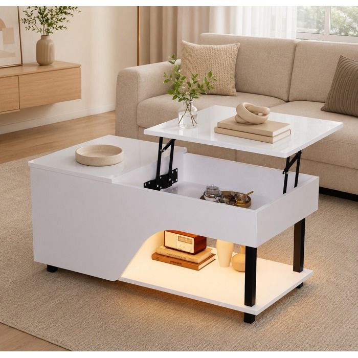 Table basse relevable LED 100x50x46 cm Table de salon moderne salon avec LED USB rangement caché blanc