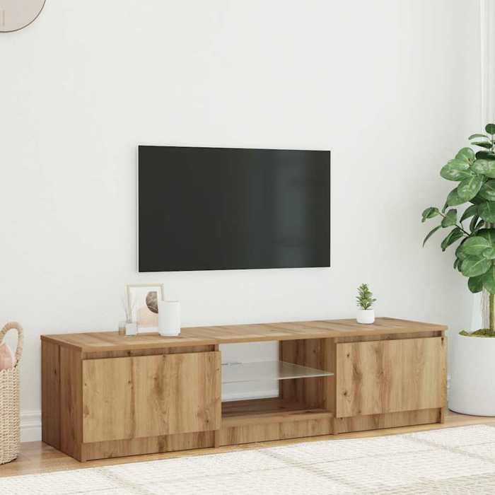 Meuble TV avec lumières LED - vidaXL - Bois dingénierie - Chêne artisanal - 140 x 40 x 36 cm - 2 portes - compartiments ouverts vxn