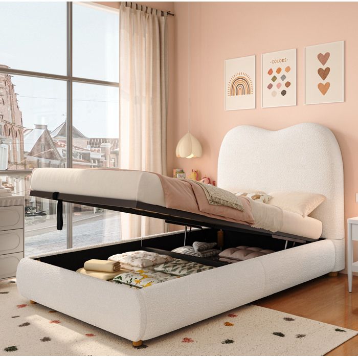 Lit enfant 90 x 200 cm bouclé beige avec sommier à lattes et rangement hydraulique