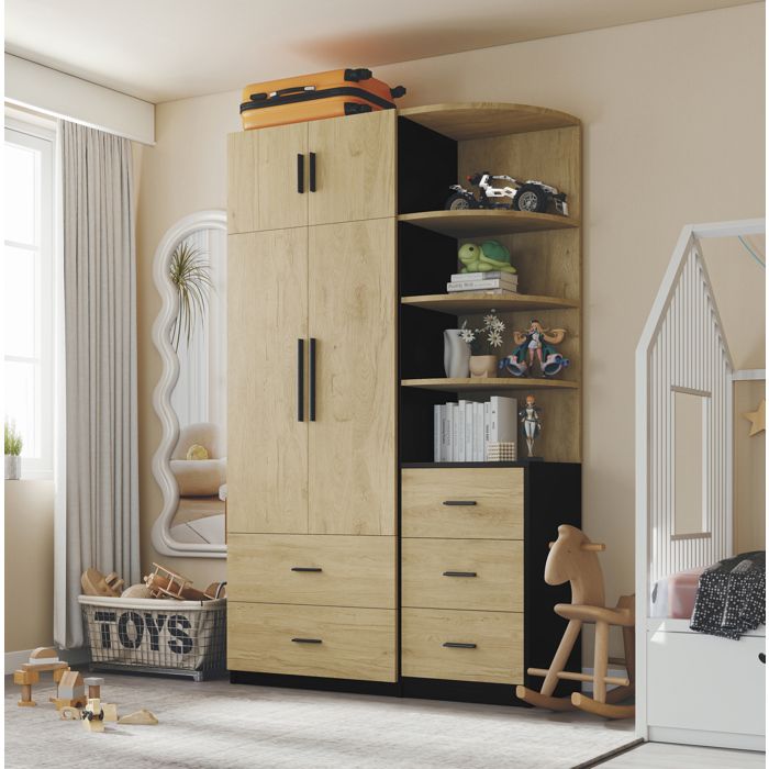 Armoire de chambre 110 x 40 x 186 cm avec tringle 5 tiroirs et étagères ouvertes décor naturel et noir