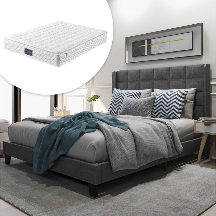 Lit double rembourré 140×200 cm avec tête de lit et matelas à ressorts - HAVRYA - lin gris sommier inclus