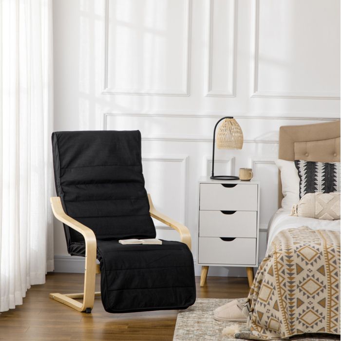 Fauteuil Relax 1 Place avec Repose-Pieds Reglable 5 Positions - YEAVIO - Dossier Rembourre Bois de Bouleau Tissu Aspect Lin Noir