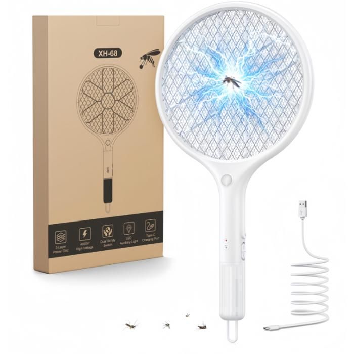 Raquette Electrique Insectes 4000V Tapette à Mouche Rechargeable USB-C Grille de Sécurité 3 Couches Lumière LED Légère Raquette
