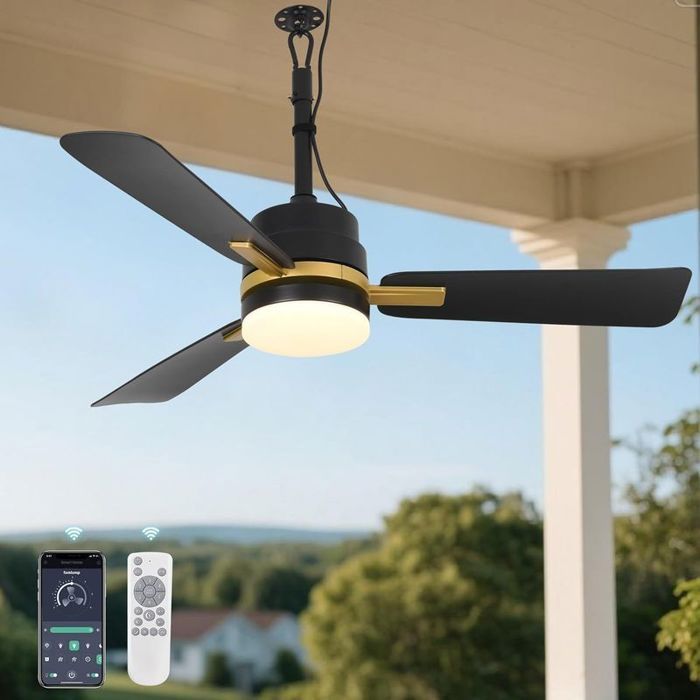 Ventilateur extérieur avec éclairage LED 105cm télécommande suspension crochet idéal terrasse jardin gazeboNoir et or