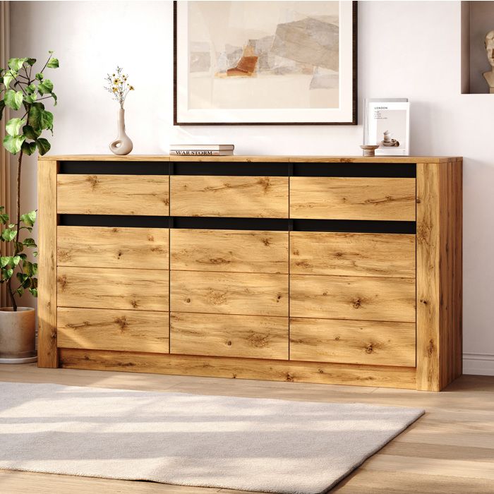 Buffet bas 3 tiroirs 3 portes et étagères réglables plateau 50 kg - MODENVIE - Naturel Salon 135×35×70 cm