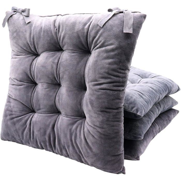 Lot de 4 coussins de chaise 40x40 cm en velours de cristal - assise lavable en polyester gris avec rubans dattache