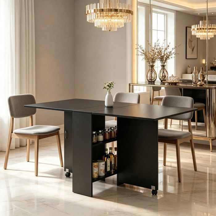 Table à Manger Pliante Extensible noirpour 6 personnes Gain de Place Rangement Caché Roulettes Frein Meuble Cuisine Salon