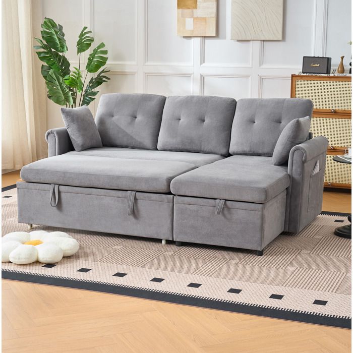 Canapé Dangle Convertible En Chenille Gris Canapé Réversible FloraGrace Pour Salon Avec Coffre De Rangement 206x130x85cm