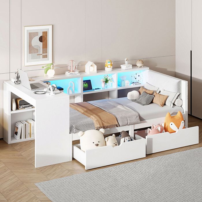 Lit plateforme - YEHTOKHOME - 90x200 - 2 tiroirs - 2 prises & 2 USB - LED 7 couleurs