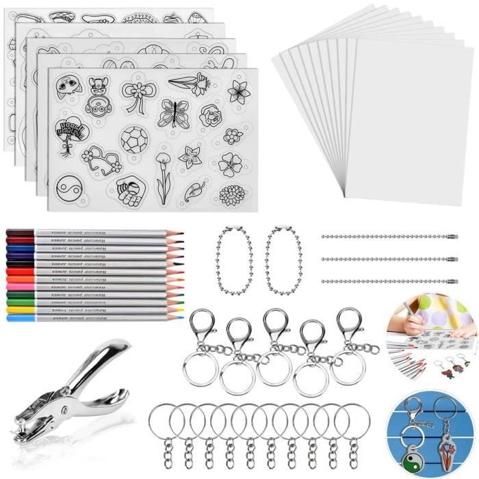 Kit Plastique Fou YuChiSX - 12 Feuilles Thermorétractables + Perforateur + Porte-clés - Bricolage Créatif Bijoux Et Accessoires