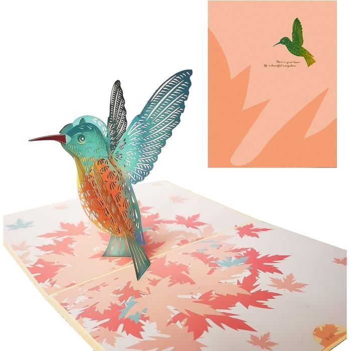 Carte Pop-Up 3D Colibri Et Fleurs - Carte De Vœux Animée Pour Anniversaire, Fête Des Mères, Noël - Fabriquée Main - 15x20 Cm