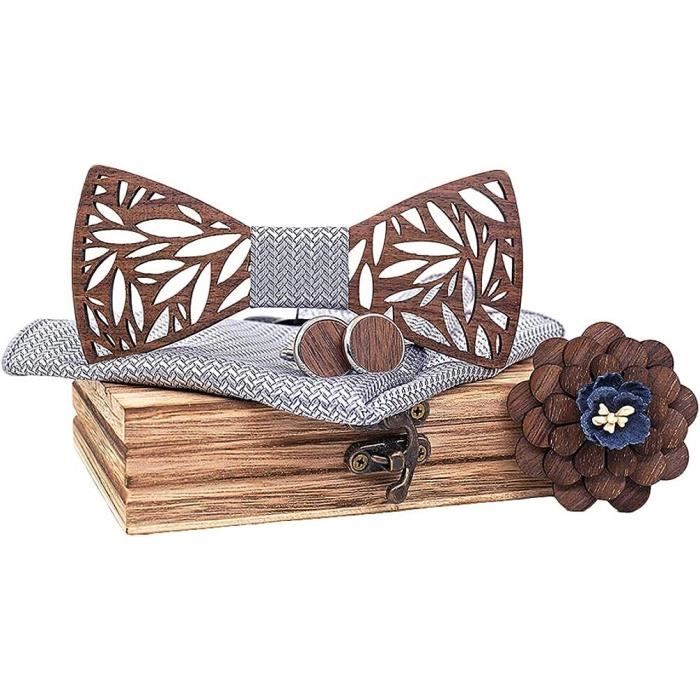 Coffret Noeud Papillon Bois Foncé + Boutons De Manchette + Pochette Costume Blanc - Accessoire élégant Pour Homme
