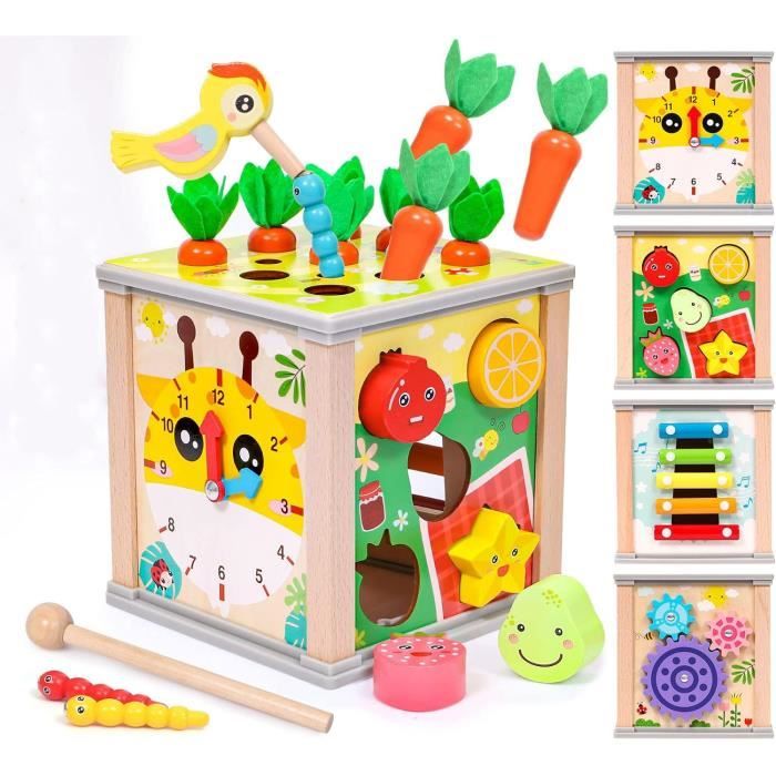 Cube D'activités En Bois 6-en-1 Nukdey - Jeu Éducatif Avec Perles, Labyrinthe Et Horloge - Cadeau Idéal Pour Enfants