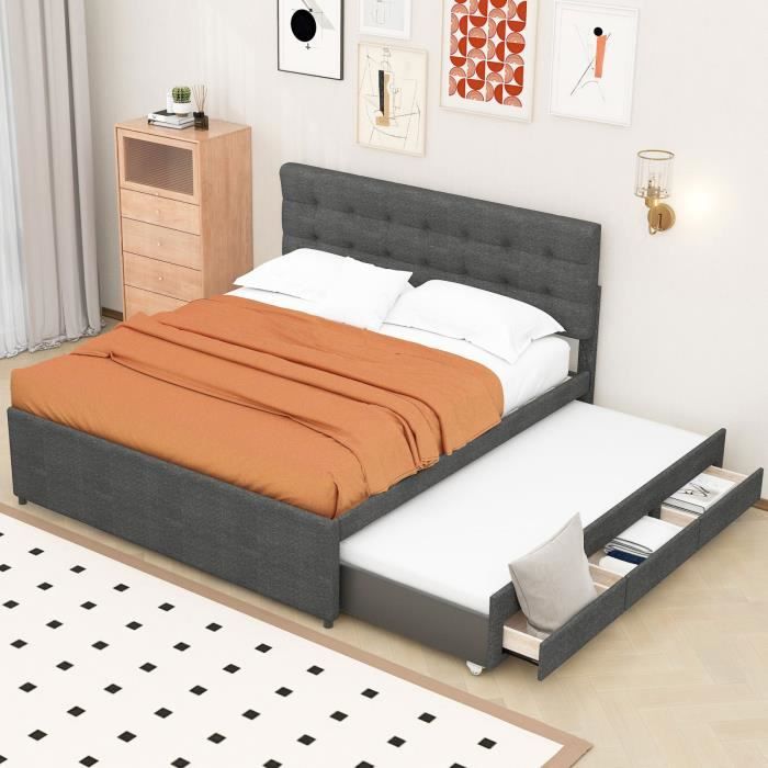 lit rembourré multifonctionnel avec trois tiroirs, lit escamotable et tête de lit réglable, gris, 140x200 cm