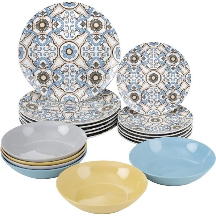 LeRatio – Service De Table 18 Pièces En Grès 6 Personnes – Vaisselle Résistante, Four & Lave-Vaisselle OK – Bord Blanc Nacré Marron