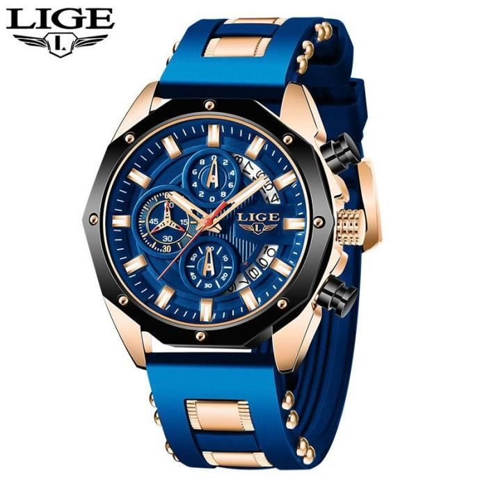 Montre LIGE QUIN1520 Chronographe Gel de silice Sport Bleu