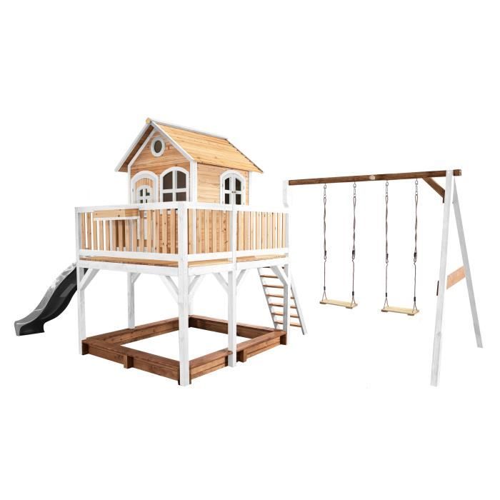 Maison Enfant AXI Liam avec Bac à Sable, 2 Balançoires & Toboggan Gris en Bois | Aire de Jeux pour l'extérieur