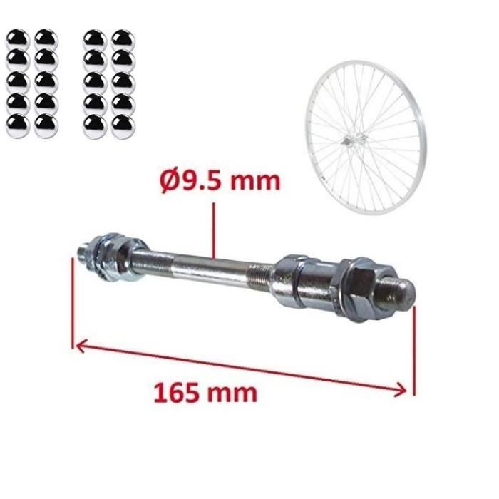 AXE DE ROUE ARRIERE VELO DIAMETRE 9,5MM x LONGUEUR 165MM PLEIN + 20x BILLES ACIER DIAMETRE 6,35MM VELO VTT ROUTE COURSE MOYEU