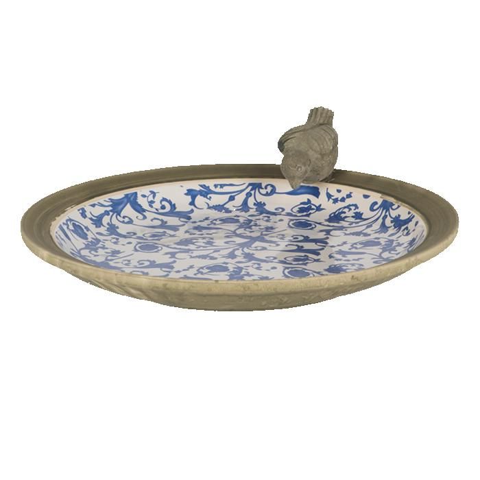 Bain doiseau sur pieds en céramique patiné - Blanc/bleu - L 335 x P 335 x H 108 cm