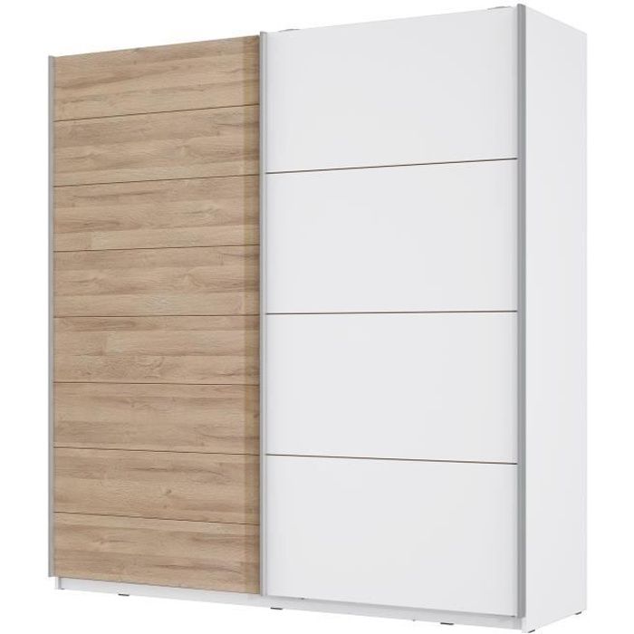armoire 2 portes coulissantes decor chene blanchi et blanc mat l 200 1 x p 61 2 x h 209 7 cm jawa cdiscount maison